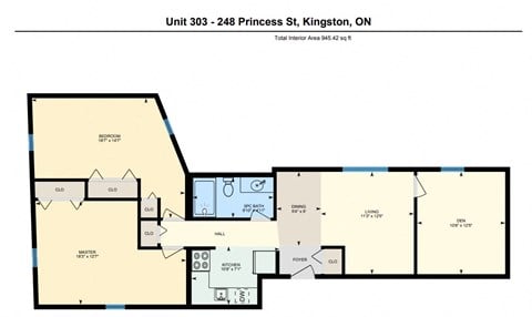 Floor plan for 3 beds, 1 bath, 937 sqft